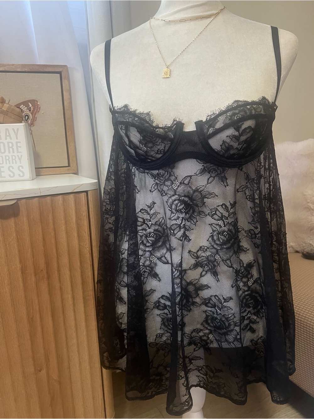 Victoria's Secret Black Sheer Lace Babydoll Chemise
